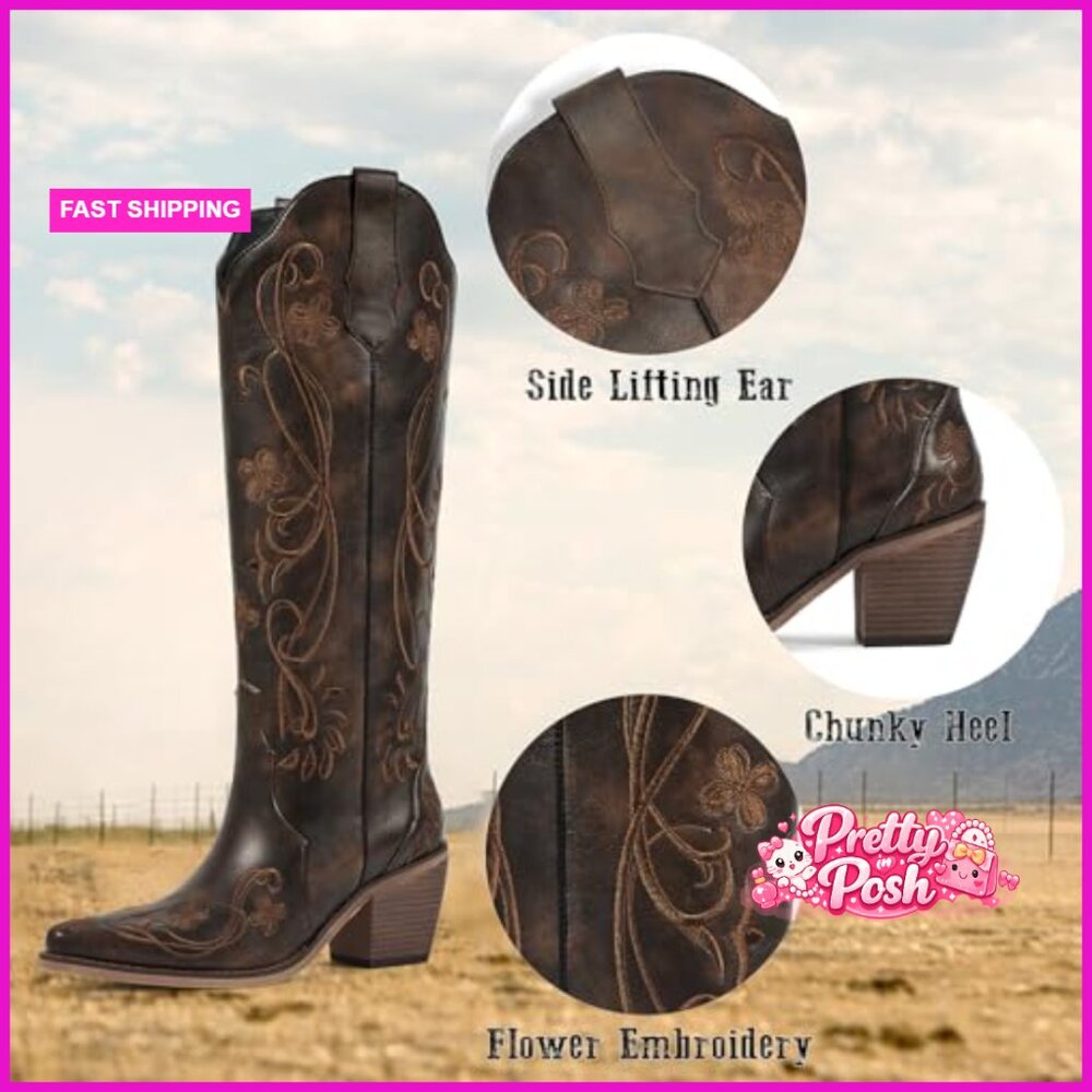 Knee High Cowboy Boots with Floral Embroidery Faux Leather Chunky Heel - Picture 3 of 7